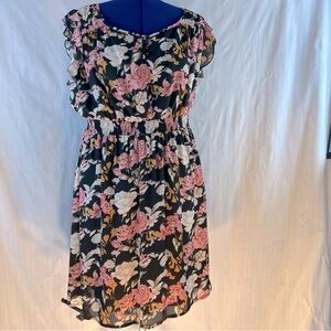 Simply Be Love Drobe Dress Floral Black/Pink Flutter Sleeveless Smocked Waist 24